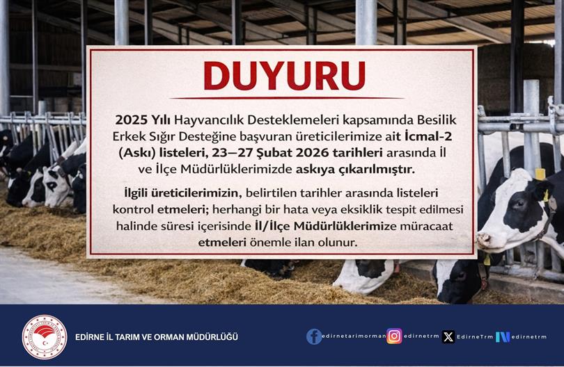 Besilik Erkek Sığır Desteği İcmalleri Askıya Çıkarıldı. 